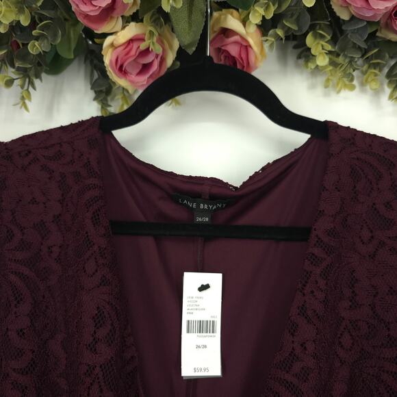 Lane Bryant Wine Colored Lace Surplice Peplum Blouse Size 26/28 NWT - Picture 3 of 9